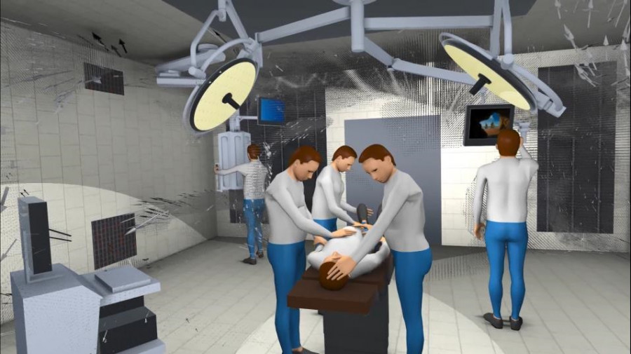 A Virtual Reality walk-through illustrates the stale air pockets with dark grey point clouds and airflow with arrows of an operating theatre.