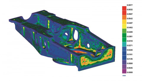 Good correlation of the microstructure between simulation and real part. This prediction then defines the final mechanical properties of the component (frame of a wind turbine generator in cast iron). Image courtesy of Tecnalia. 