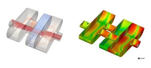 Simulation des phénomènes physiques à l’intérieur d’un silencieux : écoulement des fluides (à gauche) et réponse acoustique (à droite).