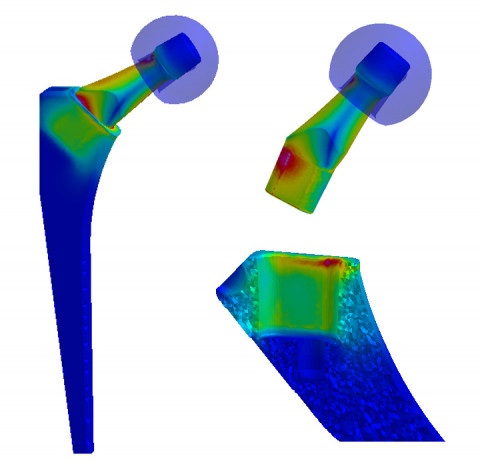 Résultat de simulation effectuée dans le logiciel Virtual Performance Solution : état de contrainte mécanique suite au chargement.