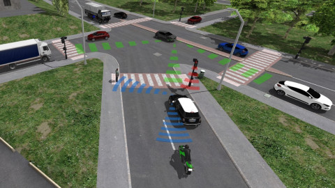 Scène réaliste en 3D, impliquant des véhicules circulant en environnement urbain : ESI Pro-SiVIC™ permet aux ingénieurs de modéliser la façon dont les capteurs perçoivent les scènes et comment les produits intelligents prennent des décisions.