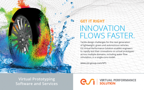 Among ESI’s many software solutions, Virtual Performance Solution enables the Virtual Prototyping of vehicles in a realistic driving environment. (Topic presented on Jun 13 at 3:45 pm in Session 6A Particle Methods)