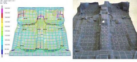 Comparison between simulated grid with ESI PAM-COMPOSITES (left) and physical grid (right) on a synthetic automotive floor carpet