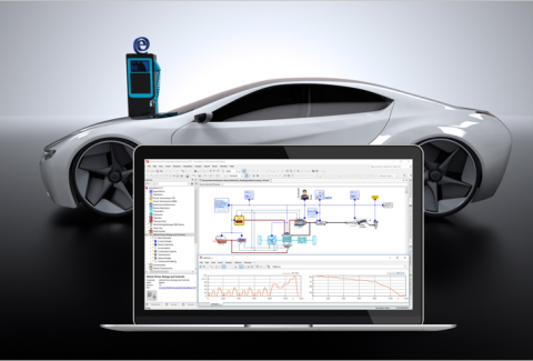 Le modèle SimulationX d'ESI d'un véhicule électrique incluant le cycle de conduite WLTP, le système de refroidissement de la batterie et de la machine électrique, ainsi que le chauffage de la cabine et le modèle de conduite.