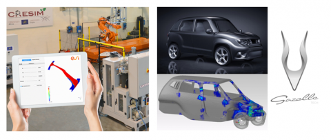 Left: In partnership with CANNON, ESI started to deploy its Hybrid TwinTM approach applied to the RTM (Resin Transfer Molding) manufacturing chain – Right: the Gazelle Tech car developed and virtually tested with ESI Virtual Performance Solution